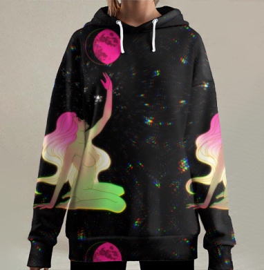 Женщина Дотягивается до Луны в Космическом Пространстве, Hoodie Long Oversize 3D