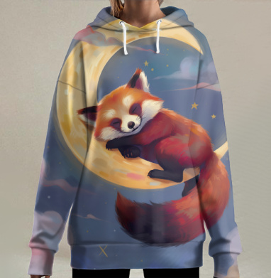 Спящая красная панда на золотой луне, Hoodie Long Oversize 3D