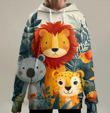Мирное единение диких животных — семейный портрет, Hoodie Long Oversize 3D