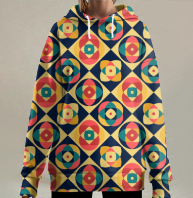 Яркая геометрия с кругами и квадратами на синем, Hoodie Long Oversize 3D
