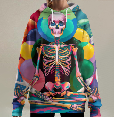 Скелет в медитации ярких цветов на фоне вдохновения, Hoodie Long Oversize 3D