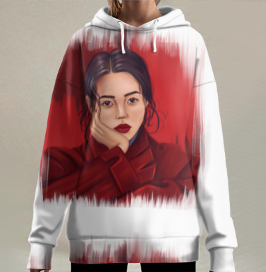 Печальная японка в красном пальто девушка эмоция чувства, Hoodie Long Oversize 3D