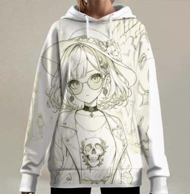 Череп украшенный цветами готический стиль привлекает внимание, Hoodie Long Oversize 3D