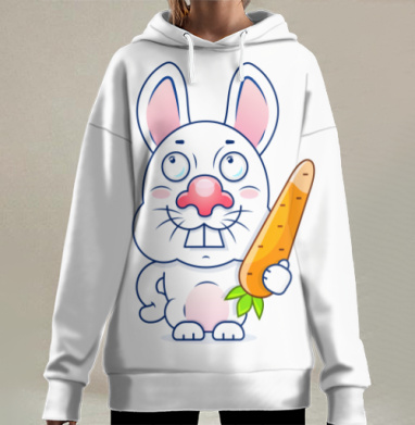 Весёлый белый кролик с морковкой на сером фоне, Hoodie Long Oversize 3D
