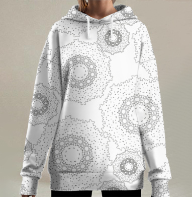 Графические серые кружевные узоры на сером фоне, Hoodie Long Oversize 3D