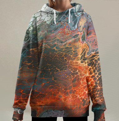 Стихия огня и воды представлена как абстрактная акриловая заливка, Hoodie Long Oversize 3D