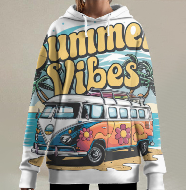 Ретро фургон пляж отдых летние вибрации, Hoodie Long Oversize 3D