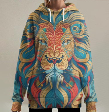 Яркий Лев с украшенной гривой красного синего цвета летом, Hoodie Long Oversize 3D