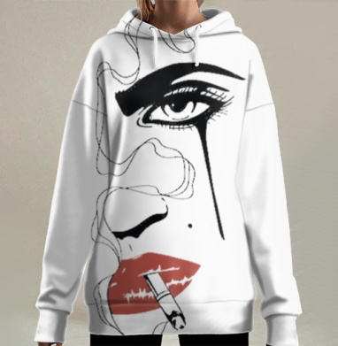 Грустная женщина с сигаретой и красными губами на сером фоне, Hoodie Long Oversize 3D
