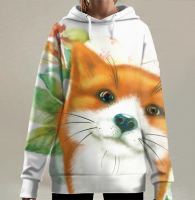 Милая лисичка с игривым взглядом в акварели, Hoodie Long Oversize 3D