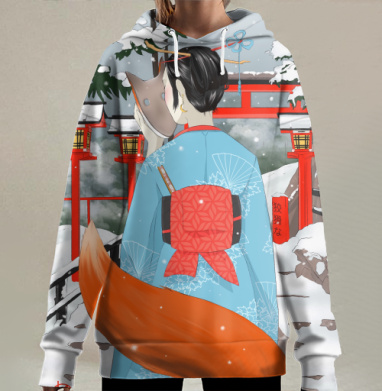 Девушка-кицунэ в кимоно на снегу в храме, Hoodie Long Oversize 3D