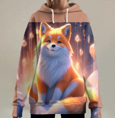 Лисёнок в сказочном свете теплых огоньков на снегу, Hoodie Long Oversize 3D