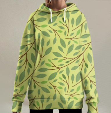 Зеленые ветви листвы на светлом фоне листва растет, Hoodie Long Oversize 3D