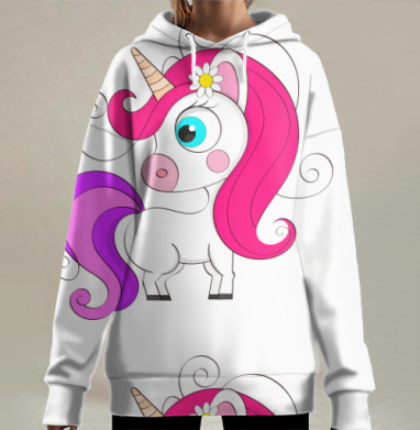 Розовый фиолетовый милый единорог с голубыми глазами, Hoodie Long Oversize 3D