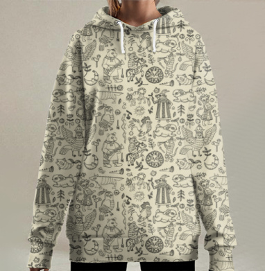 Русский народный узор с мифическими существами, Hoodie Long Oversize 3D