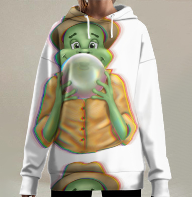 Весёлая зелёная лягушка с пузырём в шляпе рубашке, Hoodie Long Oversize 3D