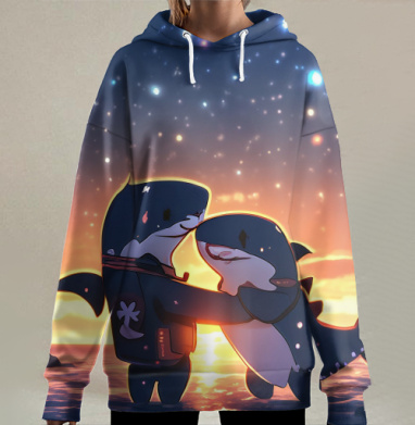 Нежные объятия китовых акул – арт иллюстрация, Hoodie Long Oversize 3D
