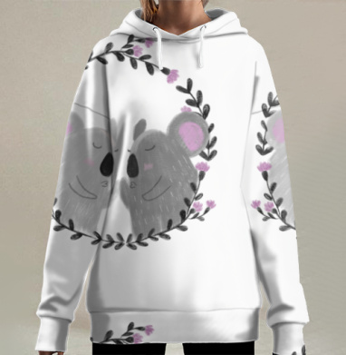 Две нежные коалы в окружении фиолетовых цветов и черных листьев, Hoodie Long Oversize 3D
