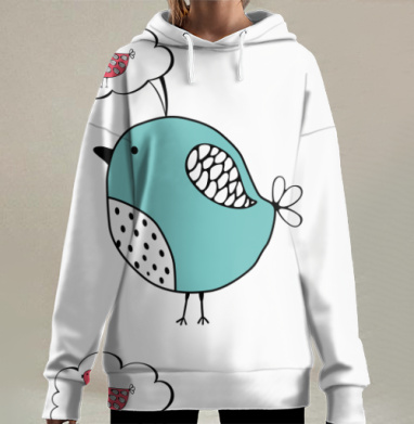 Голубая птица мечтает о красной птице в облачке мысли, Hoodie Long Oversize 3D