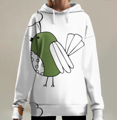 Мечтающая зеленая птица с оранжевым другом на сером фоне, Hoodie Long Oversize 3D