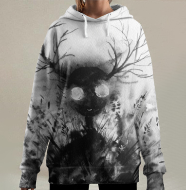 Таинственный Лесной Дух — Монохромная Акварель, Hoodie Long Oversize 3D