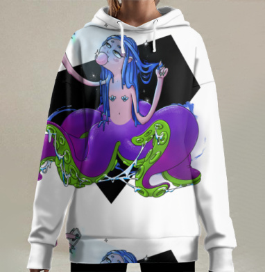 Синий Человек с Щупальцами Делает Селфи В Универсальных Тонах, Hoodie Long Oversize 3D