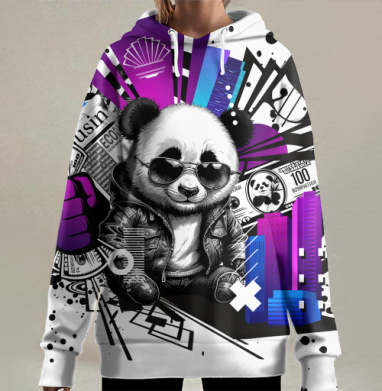 Панда уверенно показывает кулак в деловом стиле городской жизни панды, Hoodie Long Oversize 3D