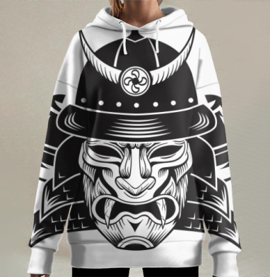 Маска самурая черно белая на сером фоне, Hoodie Long Oversize 3D