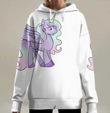 Лиловый единорог с крыльями и радугой хвостом, Hoodie Long Oversize 3D