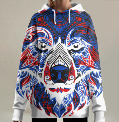 Голова мощного медведя с красно синими узорами лицо зверя, Hoodie Long Oversize 3D