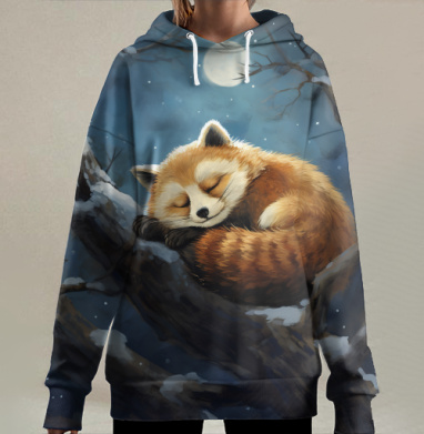 Спящая рыжая панда на ветке дерева ночью, Hoodie Long Oversize 3D