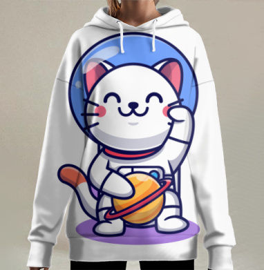 Кот космонавт держит планету в скафандре милый космос, Hoodie Long Oversize 3D