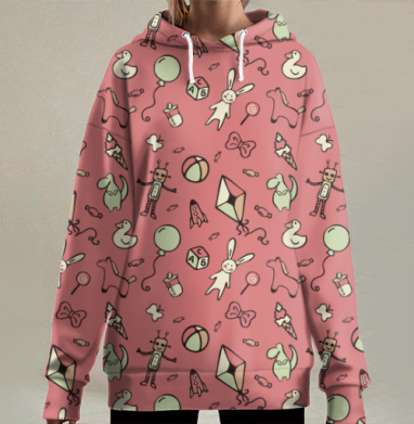 Детские игрушки на розовом фоне с милыми элементами детства, Hoodie Long Oversize 3D