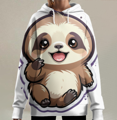 Милый ленивец улыбается и машет лапой сидя, Hoodie Long Oversize 3D