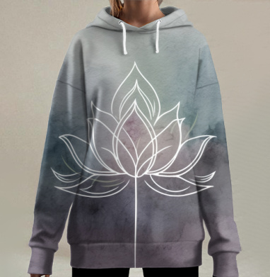 Минималистичный белый лотос на фоне синего серого фиолетового, Hoodie Long Oversize 3D