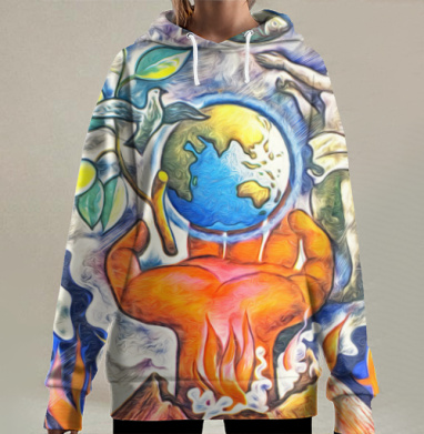 Оранжевая рука с огнем держащая планету Земля вокруг птицы рыбы, Hoodie Long Oversize 3D