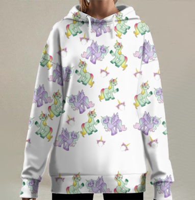 Фиолетовые и зеленые единороги парят вместе навсегда, Hoodie Long Oversize 3D