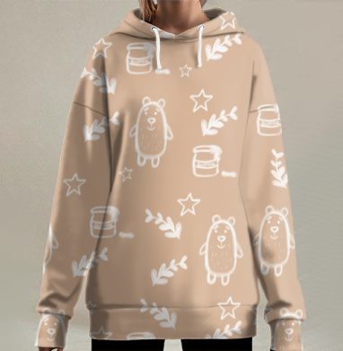Медведи с мёдом и звёздами на бежевом фоне для детей, Hoodie Long Oversize 3D