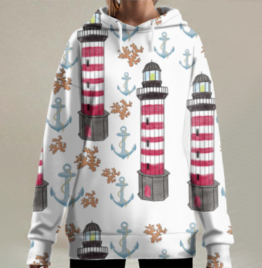 Маяк якоря кораллы красные белые серые голубые на белом фоне, Hoodie Long Oversize 3D