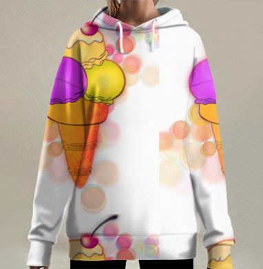 Яркое мороженое с тремя шариками и вишней на фоне воздушности, Hoodie Long Oversize 3D