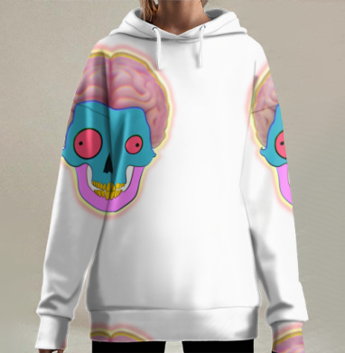 Психоделический череп с мозгом в ярких цветах, Hoodie Long Oversize 3D