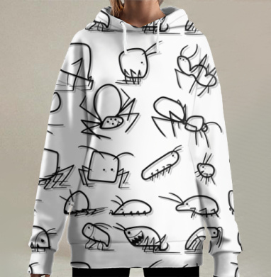Милые разнообразные насекомые черные линии Серый фон, Hoodie Long Oversize 3D