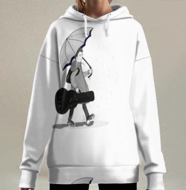 Человек с гитарой идет под дождем вдали, Hoodie Long Oversize 3D
