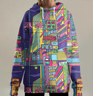 Яркий неоновый ночной городской пейзаж Азии, Hoodie Long Oversize 3D