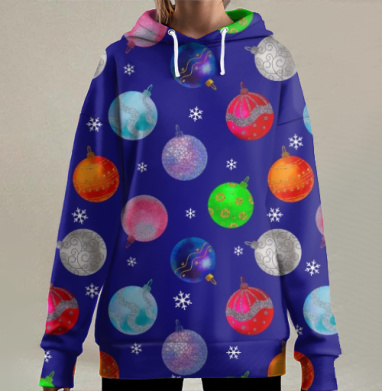 Новогодние разноцветные шары синем фоне зимних праздников, Hoodie Long Oversize 3D