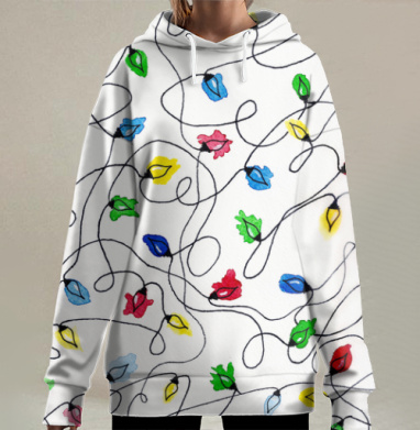 Яркая Новогодняя гирлянда на белом фоне, Hoodie Long Oversize 3D