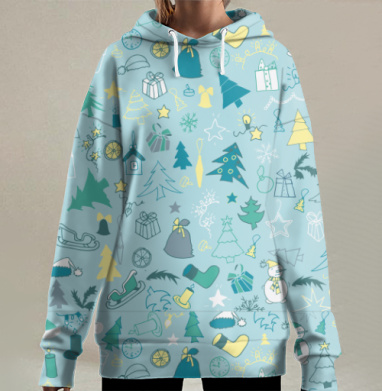 Праздничный зимний узор с символами Рождества, Hoodie Long Oversize 3D