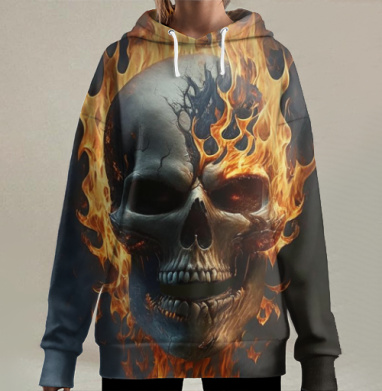 Горящий Череп в Огне Состоянии Власти, Hoodie Long Oversize 3D