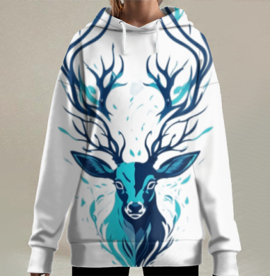 Олень с ветвистыми рогами в синей гамме, Hoodie Long Oversize 3D