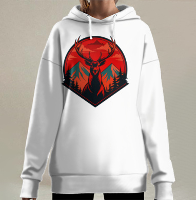 Могучий олень с ветвистыми рогами в горах является дикой природы символом, Hoodie Long Oversize 3D